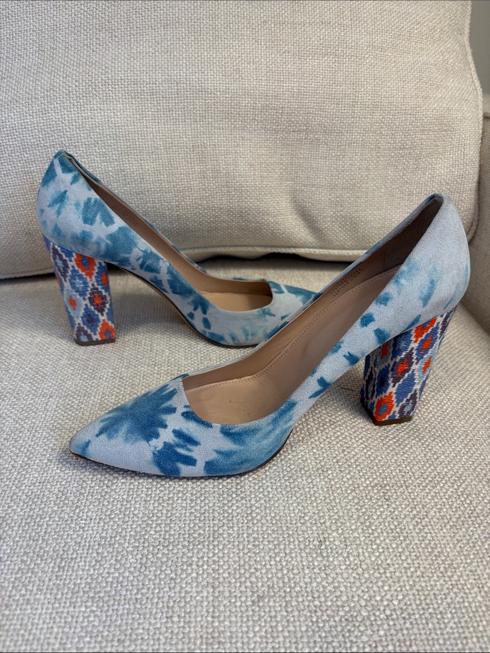 Jcrew Blue Tie-Dye Suede Pointed Toe Block Heel Pumps